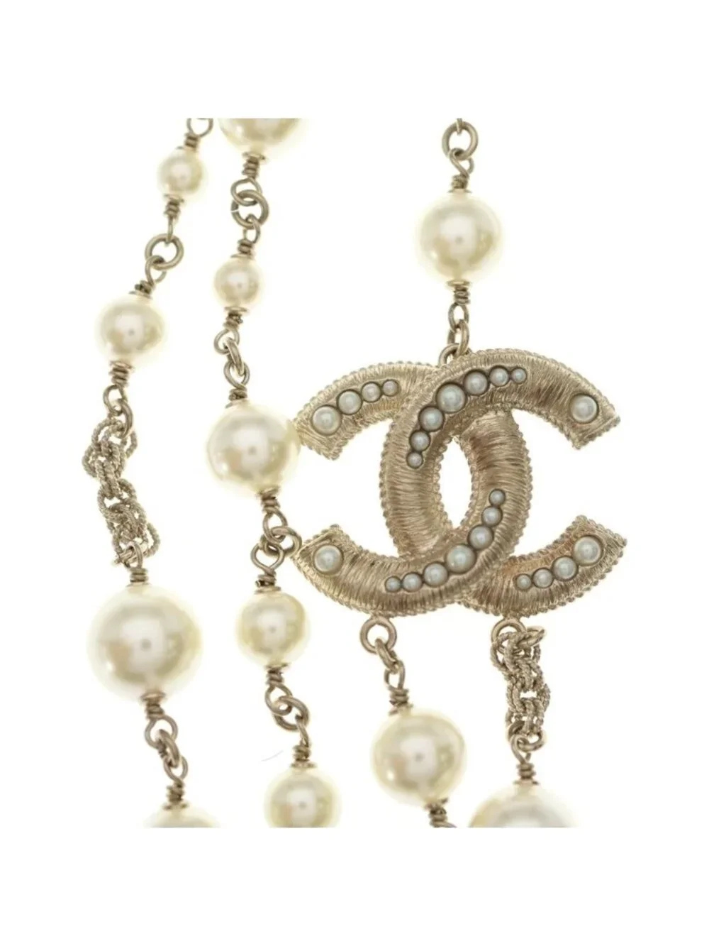 Chanel CC Logo Double Strand Pearl Pendant Chain White Gold
